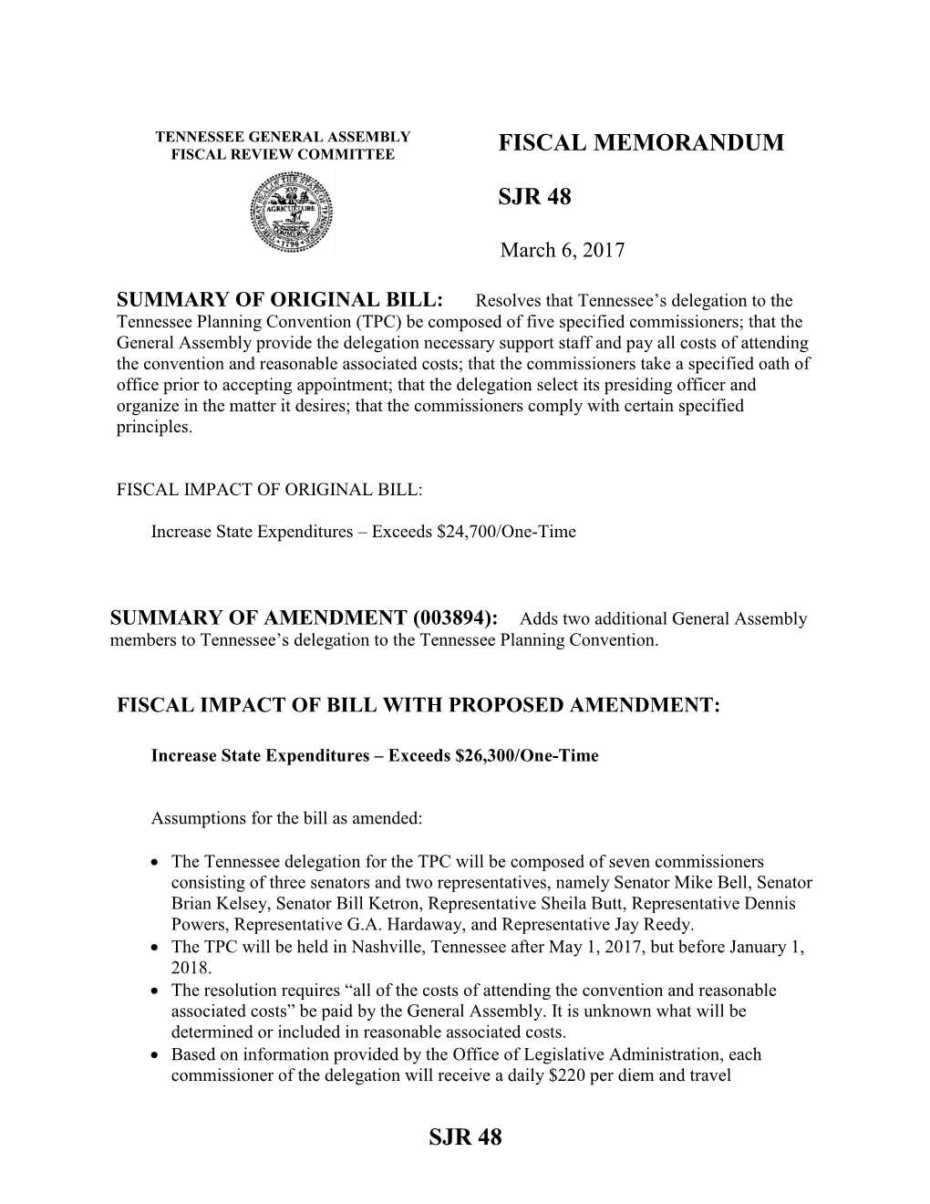 Fiscal Memorandum Sjr 48