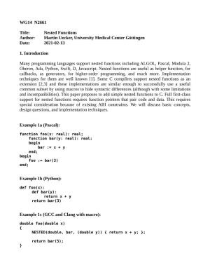 WG14 N2661 Title: Nested Functions Author