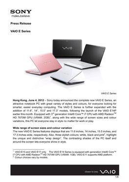 Press Release VAIO E Series
