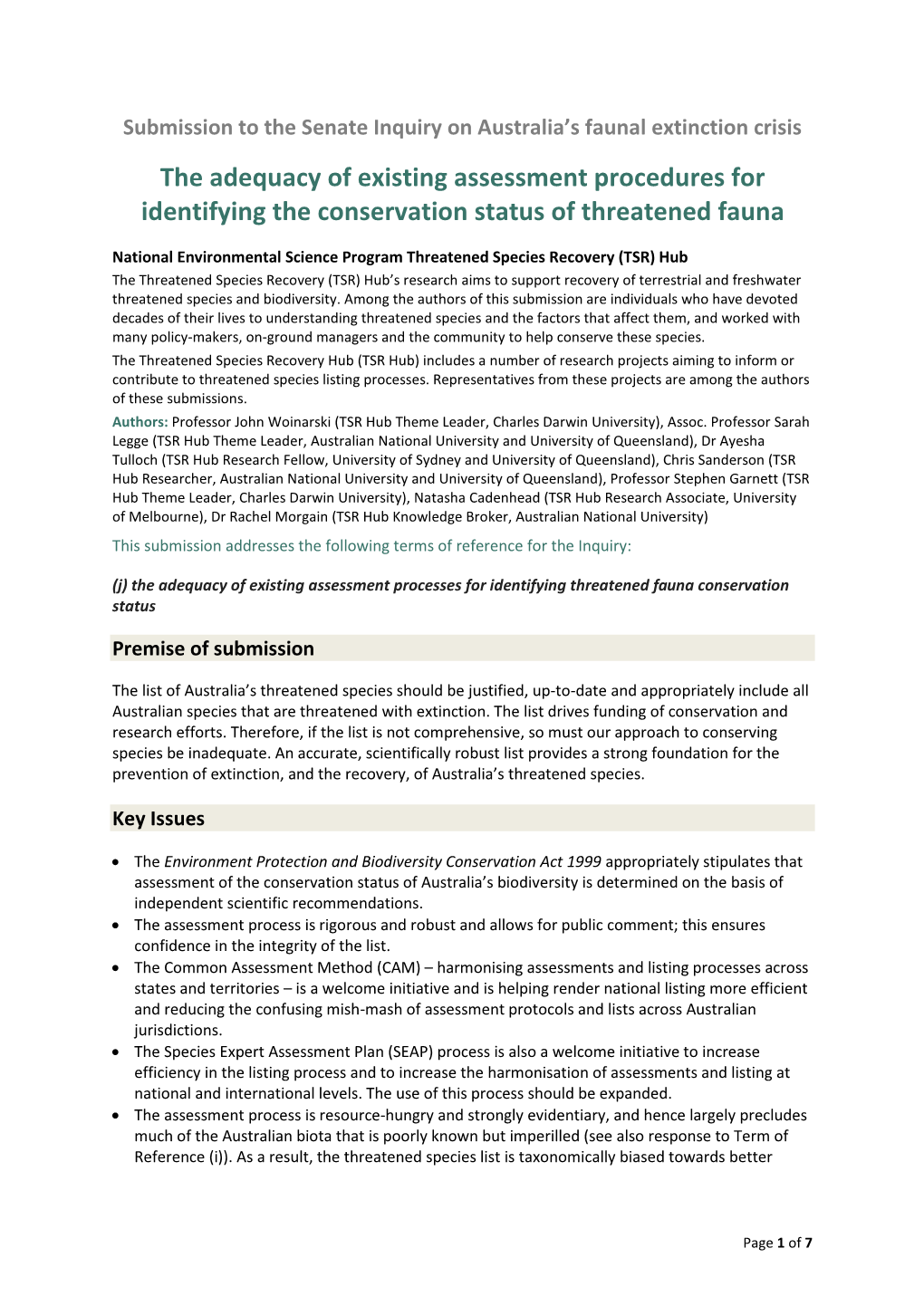 The Adequacy of Existing Assessment Procedures for Identifying the Conservation Status of Threatened Fauna