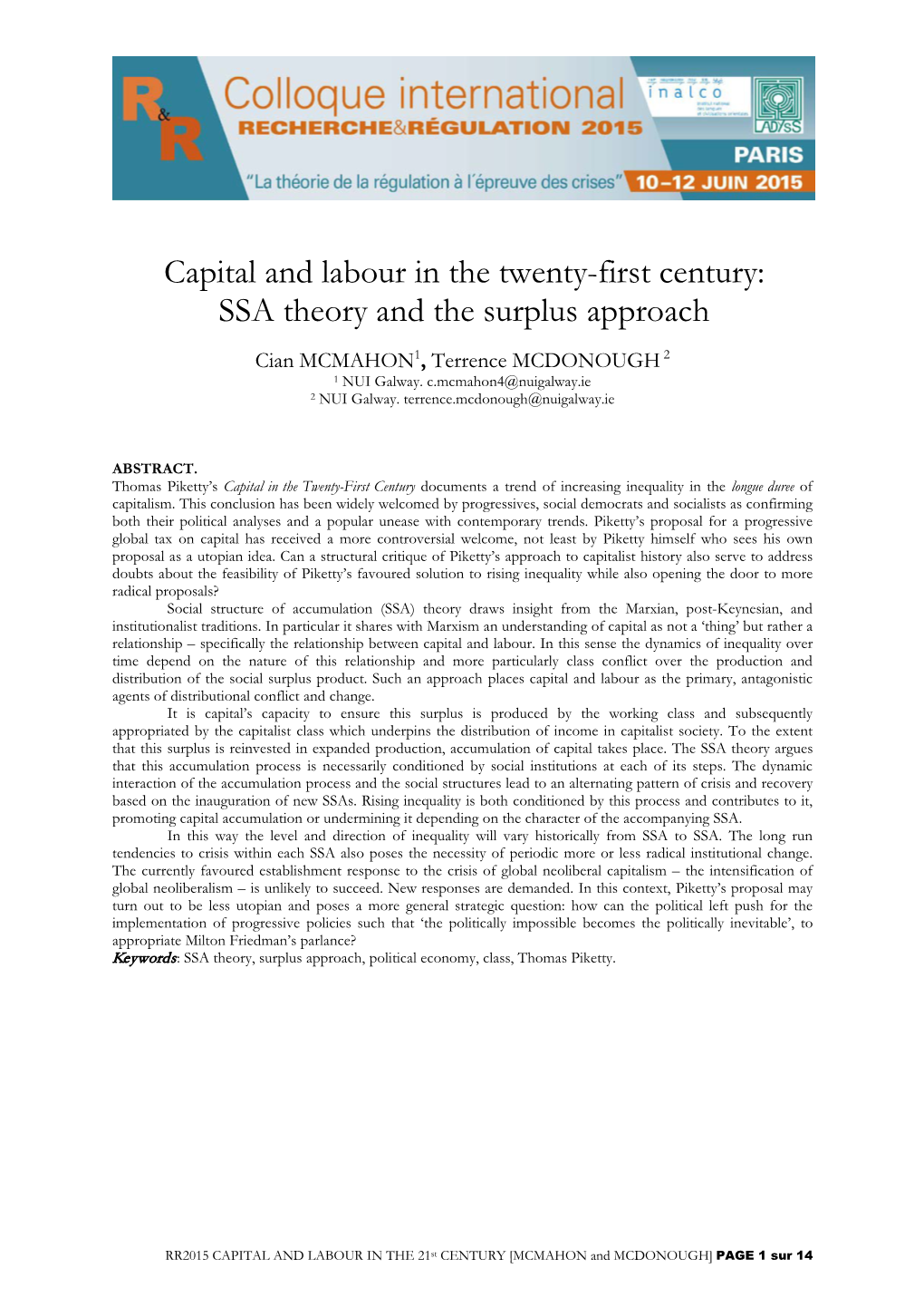 Capital and Labour in the Twenty-First Century: SSA Theory and the Surplus Approach