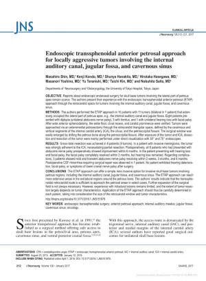 Endoscopic Transsphenoidal Anterior Petrosal Approach for Locally Aggressive Tumors Involving the Internal Auditory Canal, Jugular Fossa, and Cavernous Sinus