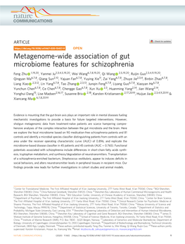 Metagenome-Wide Association of Gut Microbiome Features for Schizophrenia