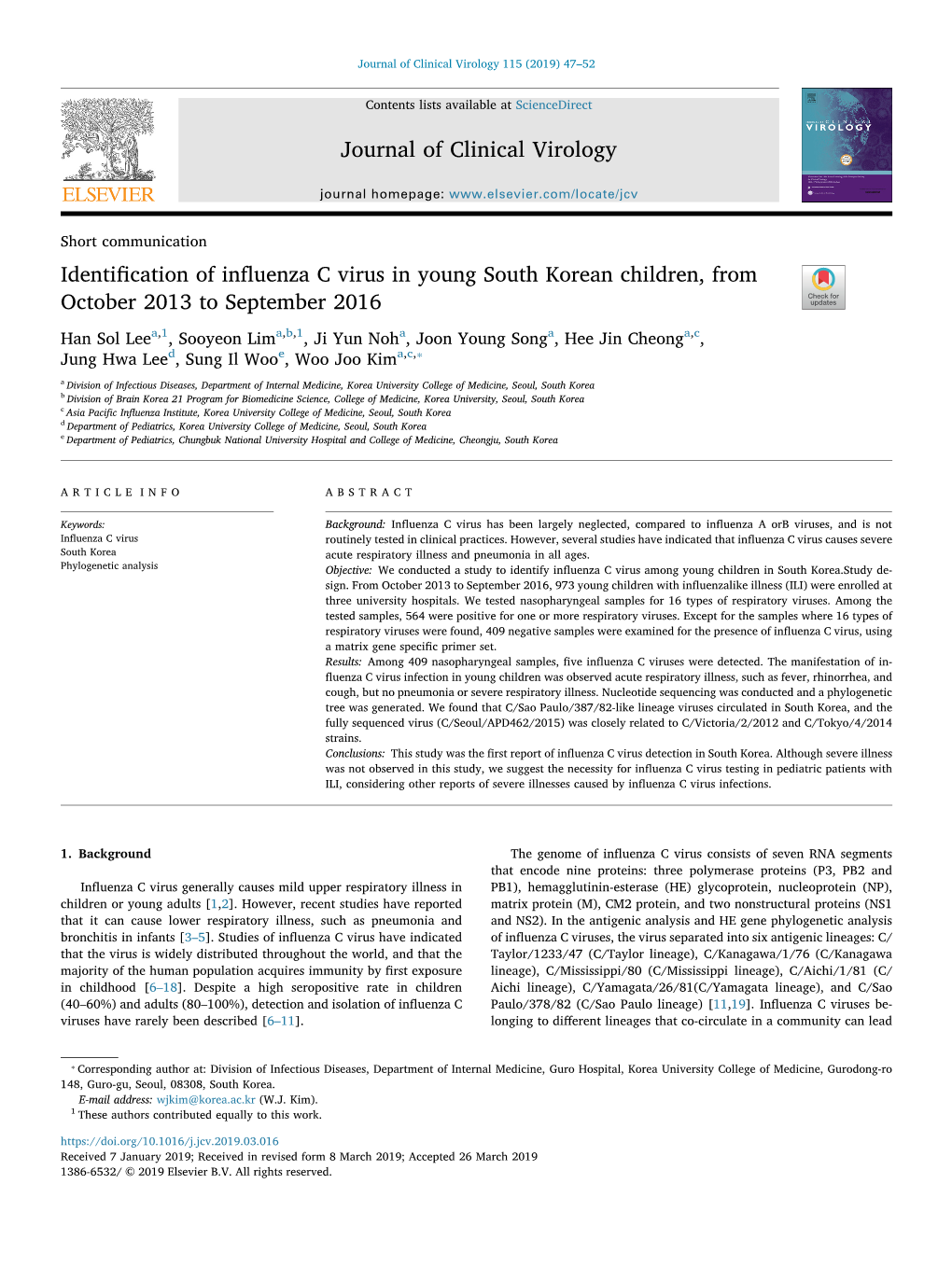 Identification of Influenza C Virus in Young South Korean Children, From