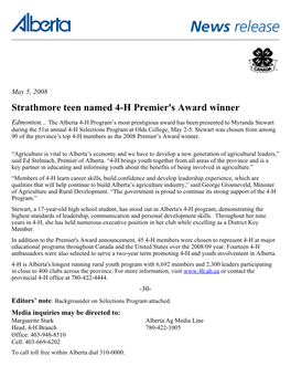 Strathmore Teen Named 4-H Premier's Award Winner