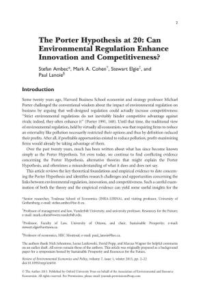 The Porter Hypothesis at 20: Can Environmental Regulation Enhance Innovation and Competitiveness? Stefan Ambec*, Mark A