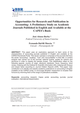 Opportunities for Research and Publication in Accounting: a Preliminary Study on Academic Journals Published in English and Available at the CAPES’S Basis