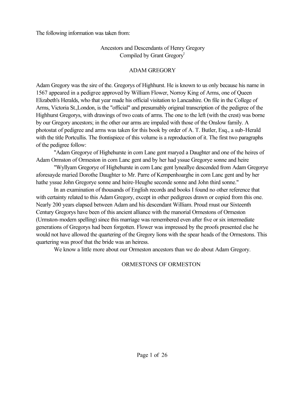 Ancestors and Descendants of Henry Gregory Compiled by Grant Gregory1