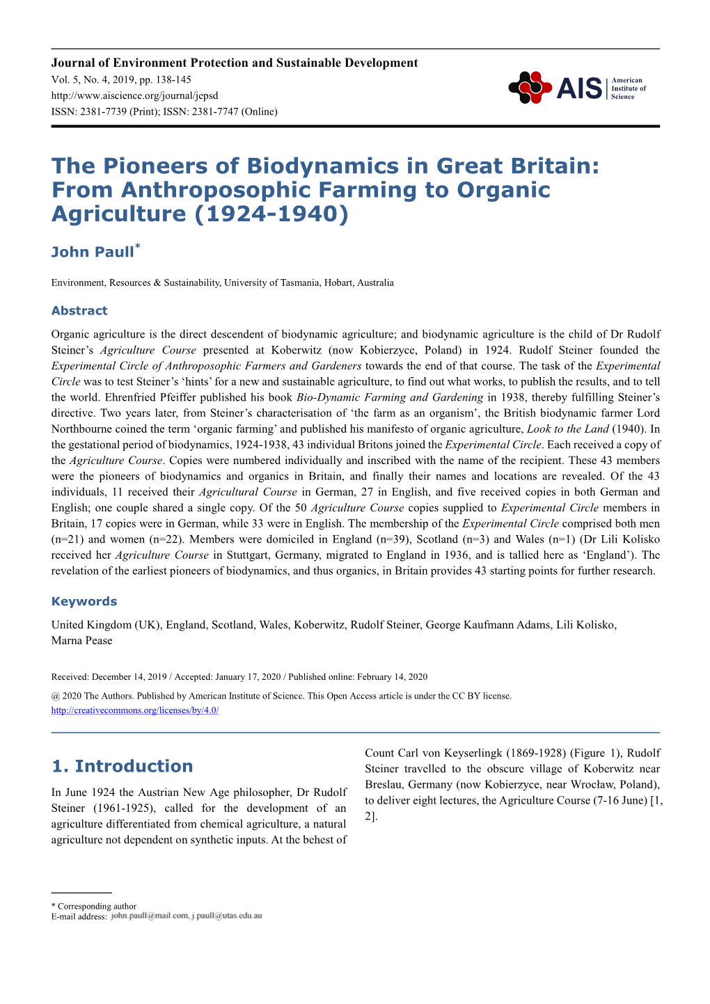 The Pioneers of Biodynamics in Great Britain: from Anthroposophic Farming to Organic Agriculture (1924-1940)