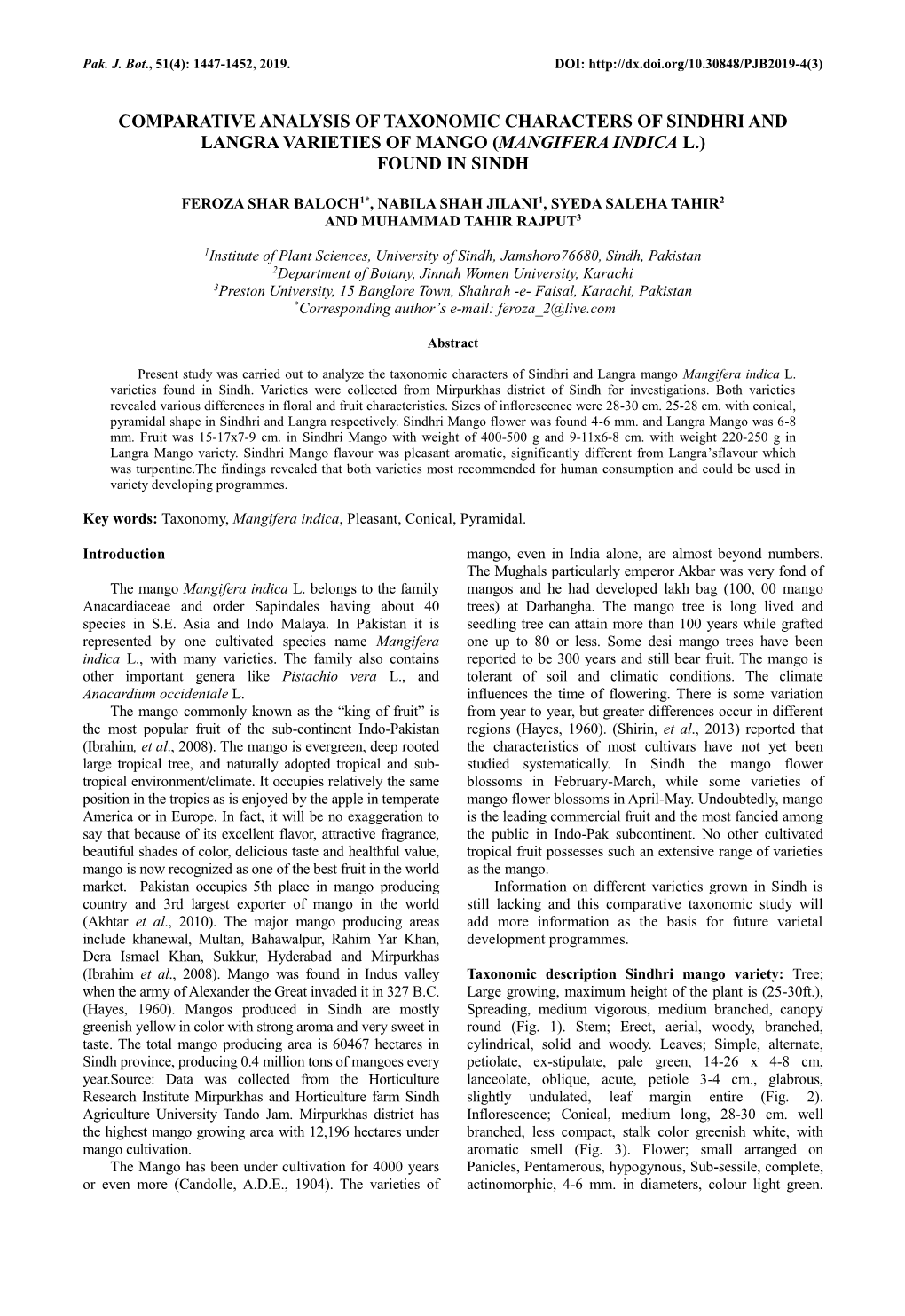 Comparative Analysis of Taxonomic Characters of Sindhri and Langra Varieties of Mango (Mangifera Indica L.) Found in Sindh