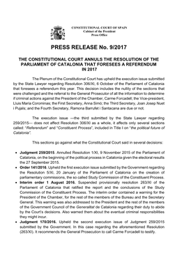 PRESS RELEASE No. 9/2017