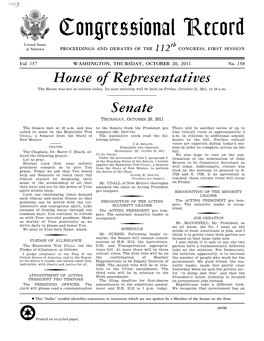 Congressional Record United States Th of America PROCEEDINGS and DEBATES of the 112 CONGRESS, FIRST SESSION