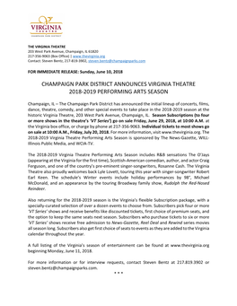 Champaign Park District Announces Virginia Theatre 2018-2019 Performing Arts Season