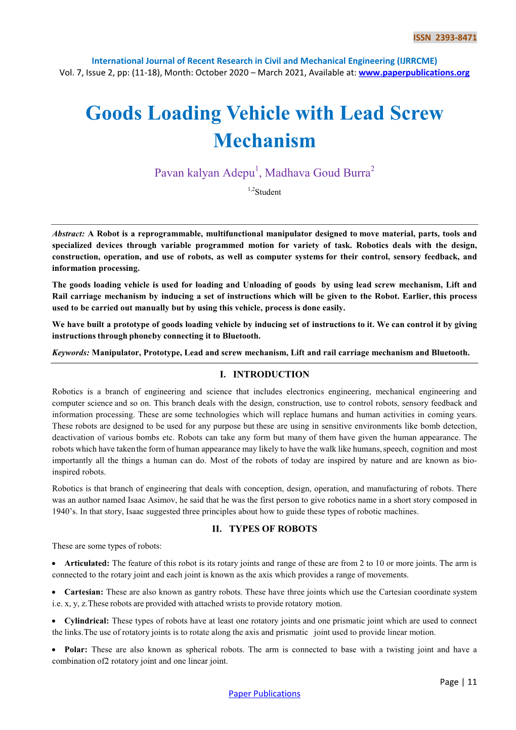 Goods Loading Vehicle with Lead Screw Mechanism