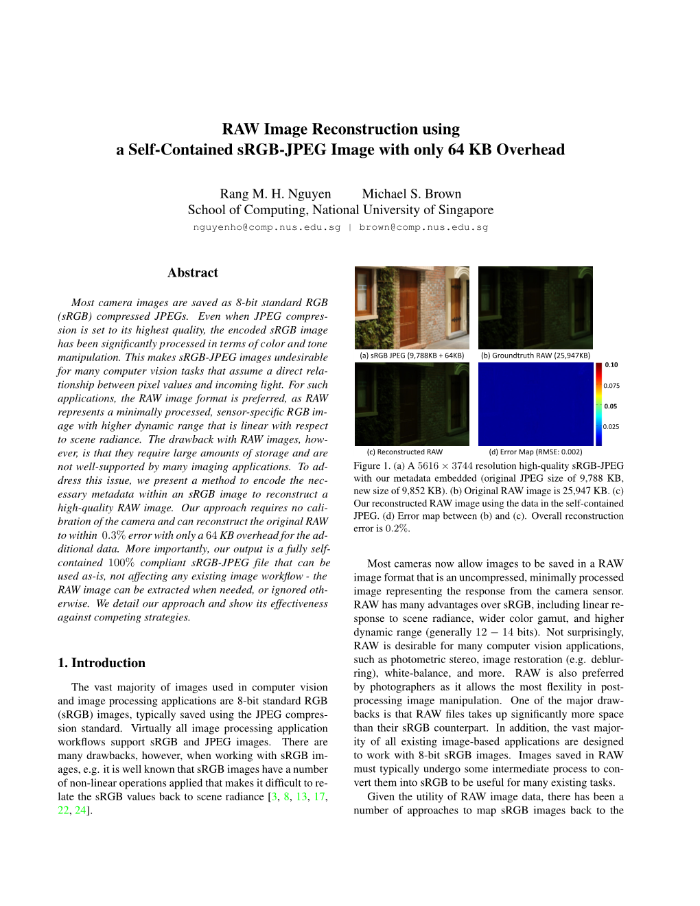 RAW Image Reconstruction Using a Self-Contained Srgb-JPEG Image with Only 64 KB Overhead