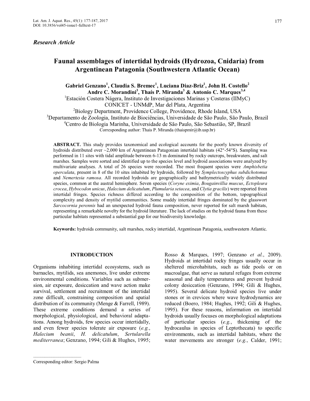 Faunal Assemblages of Intertidal Hydroids (Hydrozoa, Cnidaria) from Argentinean Patagonia (Southwestern Atlantic Ocean)