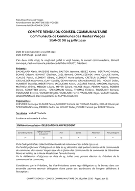 COMPTE RENDU DU CONSEIL COMMUNAUTAIRE Communauté De Communes Des Hautes Vosges SEANCE DU 29 Juillet 2020