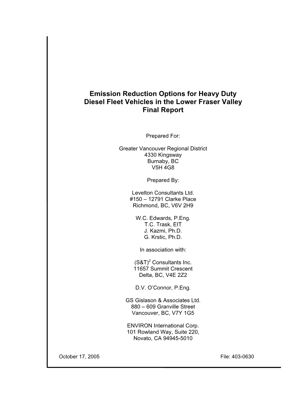 2005 Emission Reduction Options for Heavy Duty Diesel Fleet Vehicles in the Lower Fraser Valley