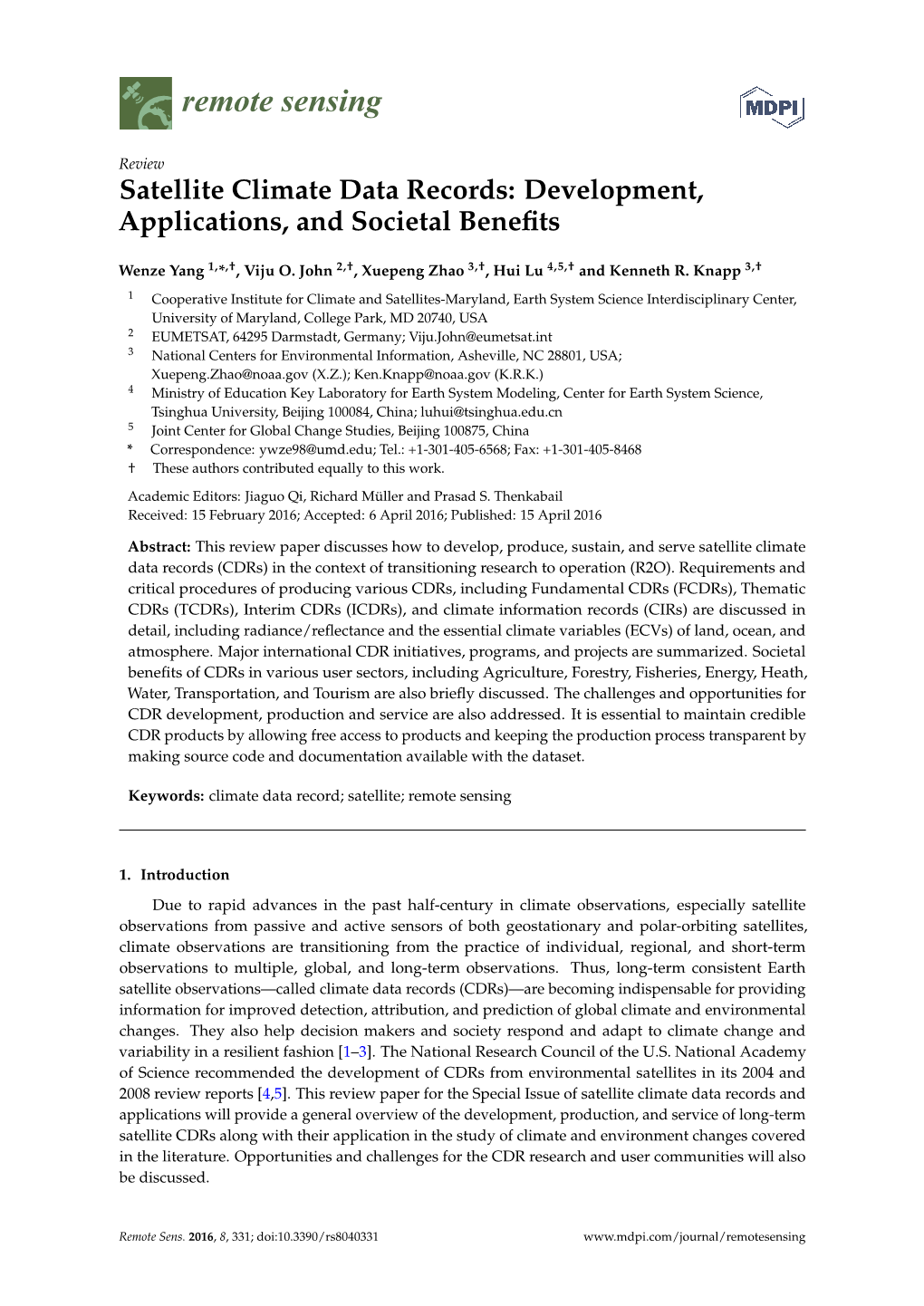 Satellite Climate Data Records: Development, Applications, and Societal Beneﬁts