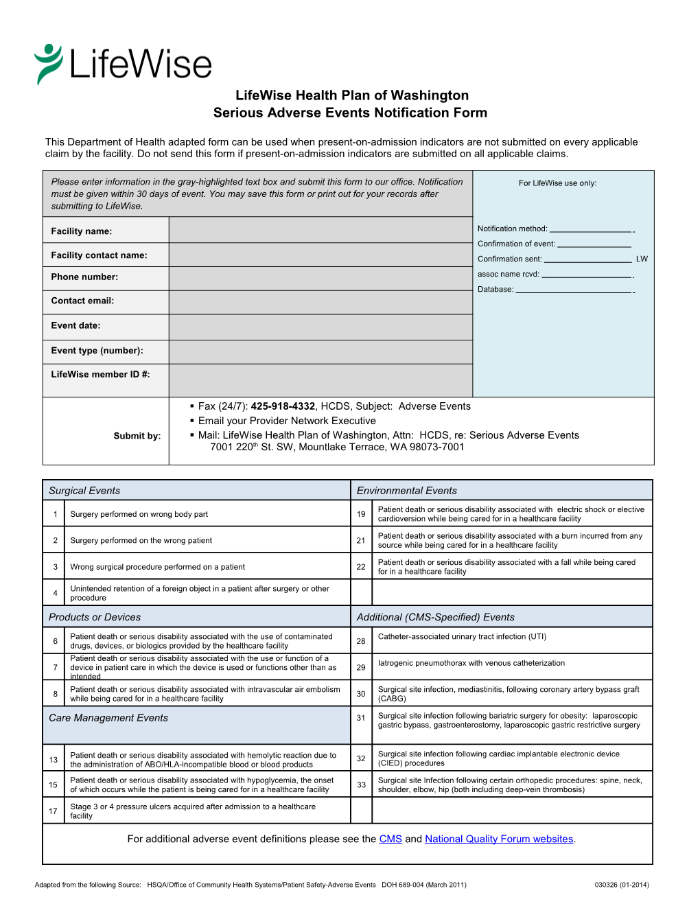 Serious Adverse Event Provider Form