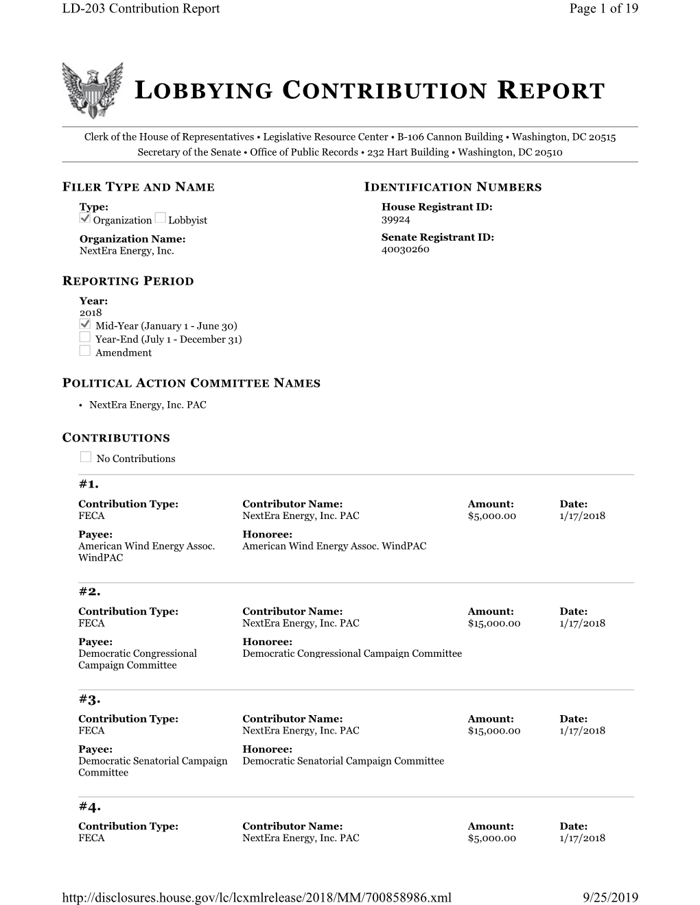 NEE 2018 Mid-Year Lobbying Contribution Federal Filing (LD-203)