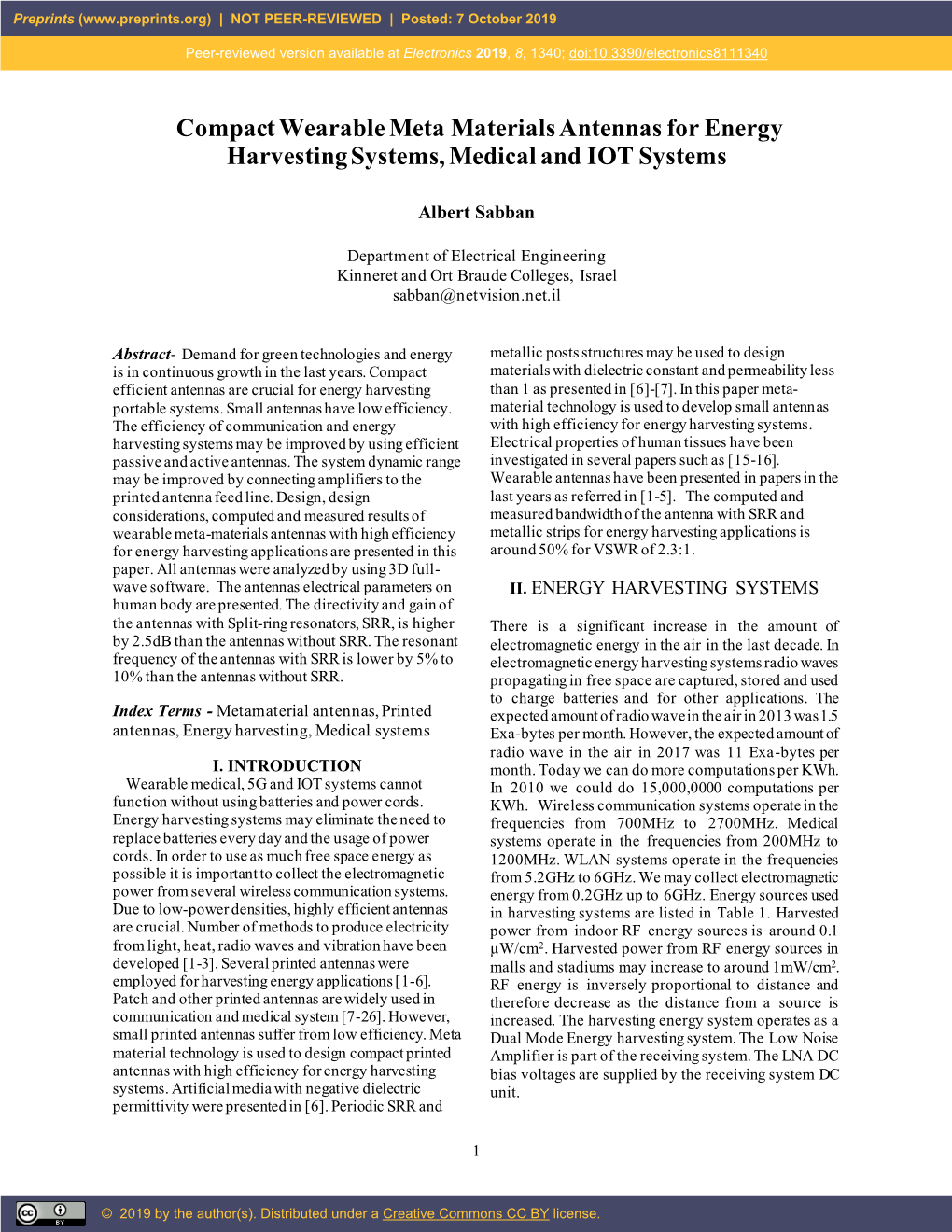 Compact Wearable Meta Materials Antennas for Energy Harvesting Systems, Medical and IOT Systems