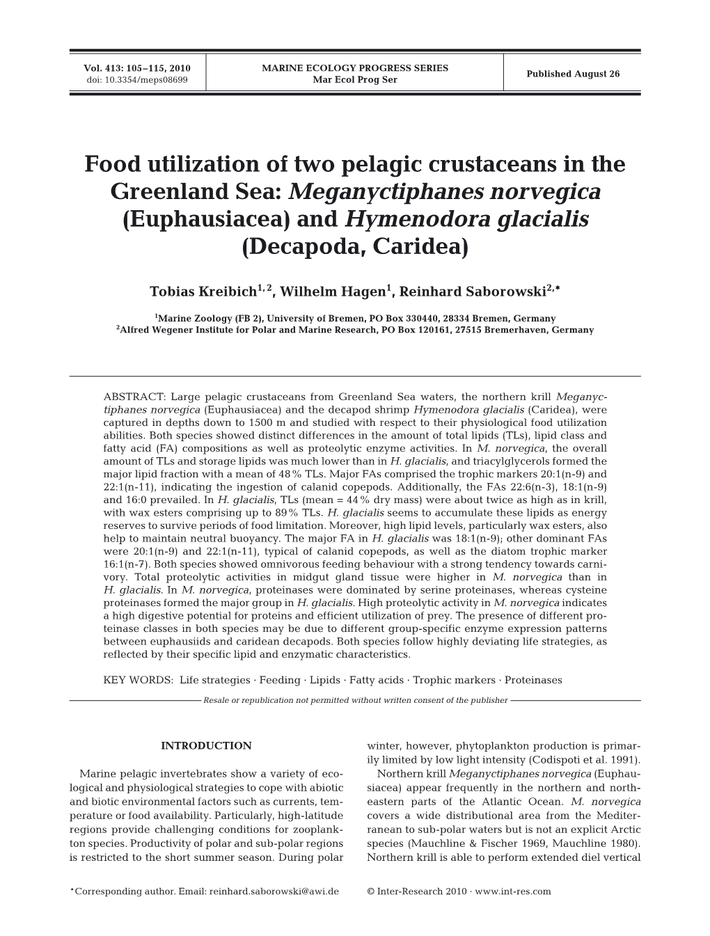 Food Utilization of Two Pelagic Crustaceans in the Greenland Sea: Meganyctiphanes Norvegica (Euphausiacea) and Hymenodora Glacialis (Decapoda, Caridea)