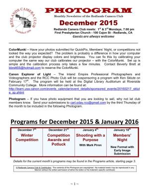 Programs for December 2015 & January 2016 PHOTOGRAM