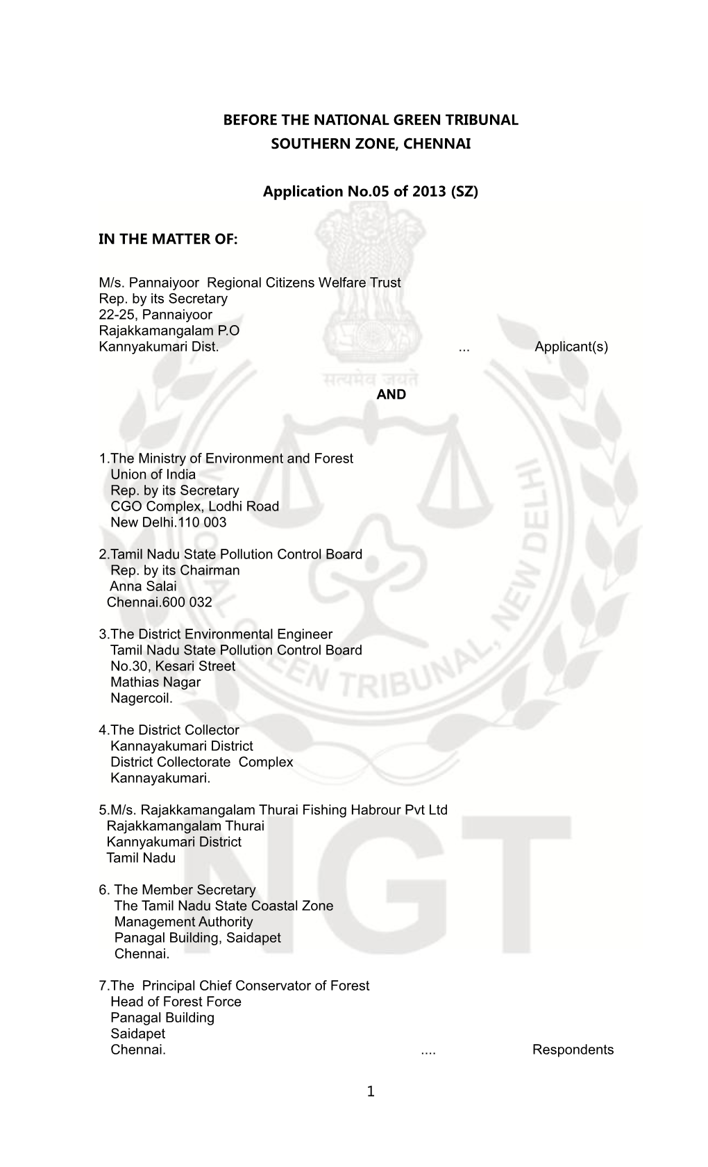 Before the National Green Tribunal Southern Zone, Chennai