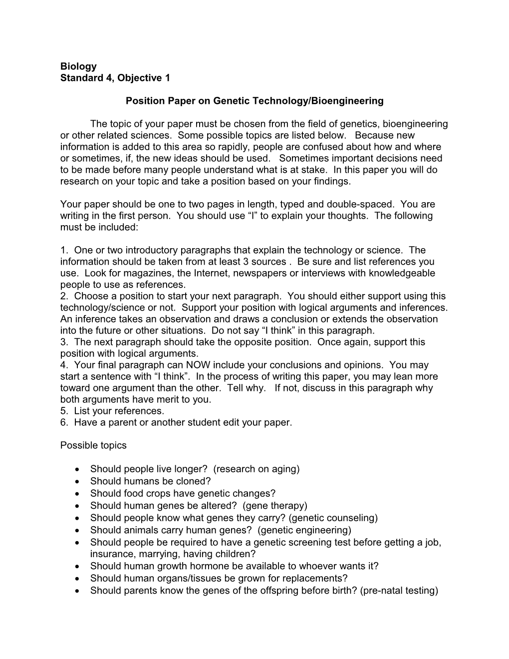 Position Paper on Genetic Technology/Bioengineering