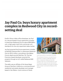 Jay Paul Co. Buys Luxury Apartment Complex in Redwood City in Record- Setting Deal