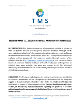 Selected Mast Cell Disorder Medical and Scientific References