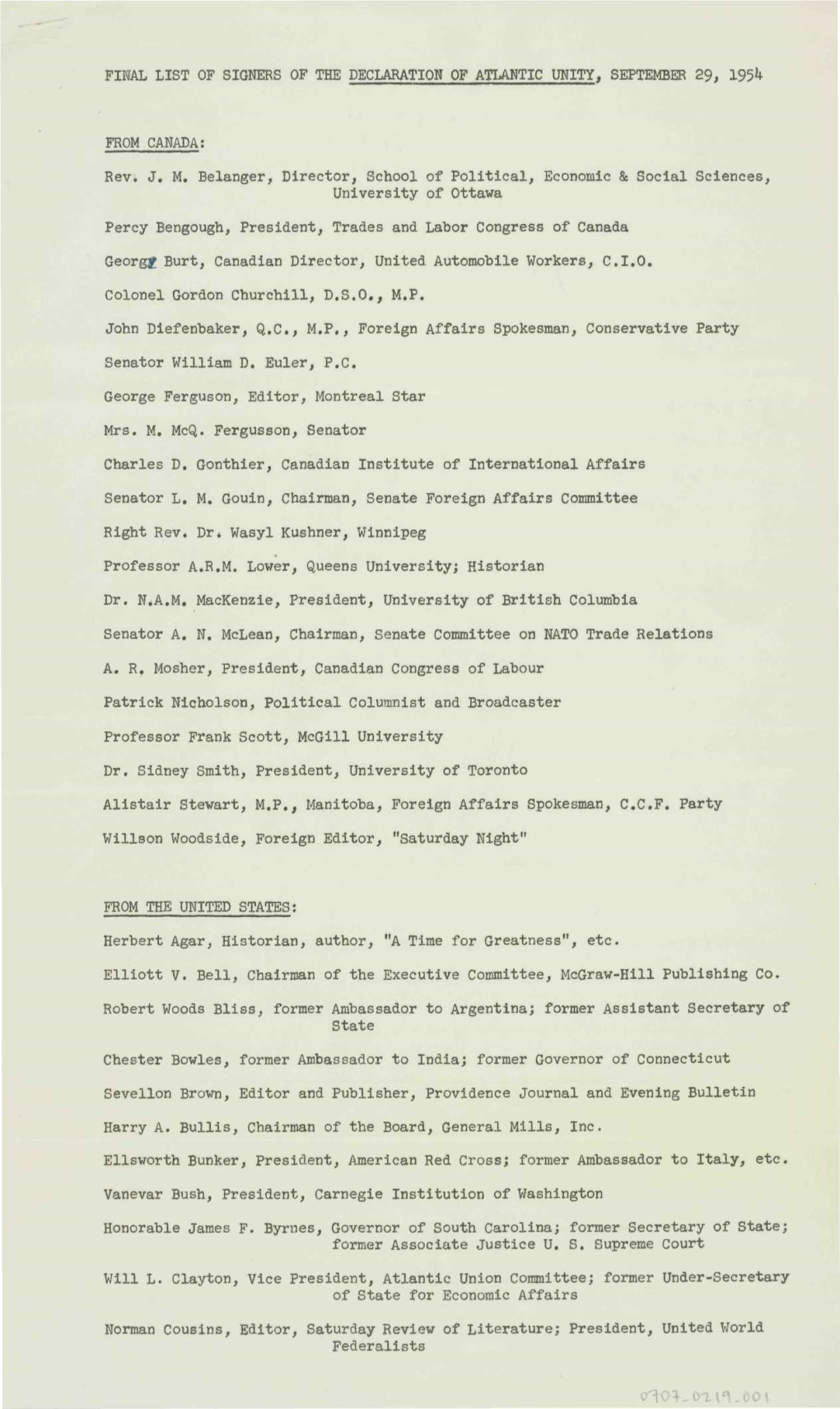 Final List of Signers of the Declaration of Atlantic Unity, September 29, 195^