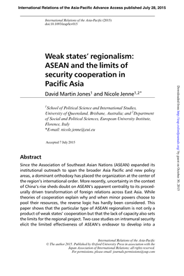 Weak Statesl Regionalism: ASEAN and the Limits