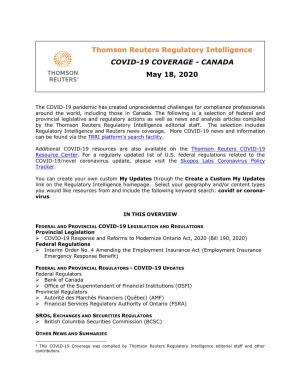 COVID-19 COVERAGE - CANADA Compiled by Publisher's Staff.1 May 18, 2020