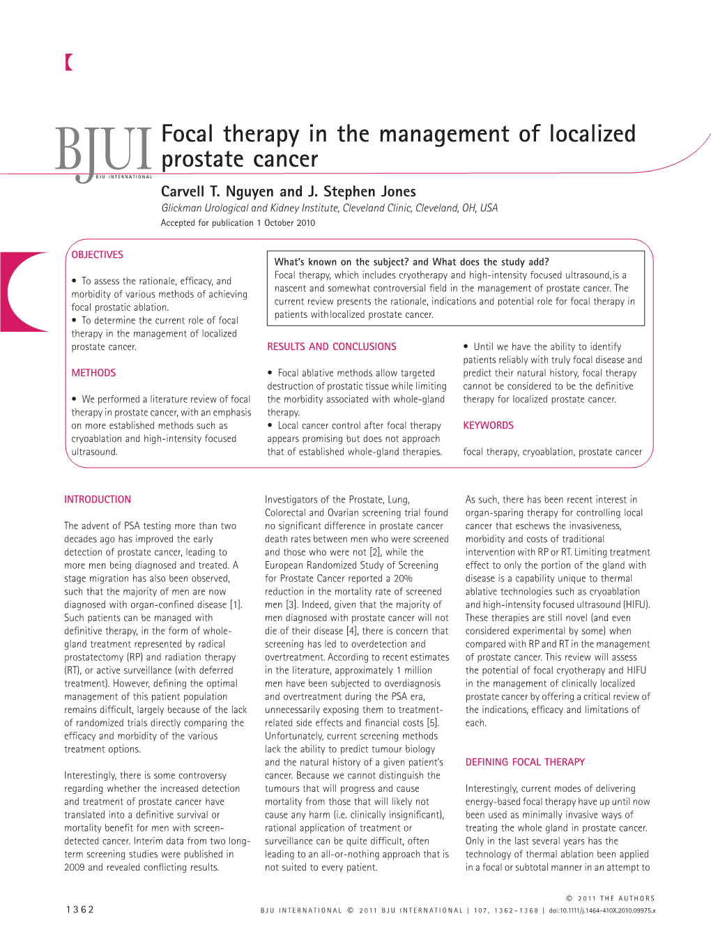 Focal Therapy in the Management of Localized Prostate Cancer BJUIBJU INTERNATIONAL Carvell T