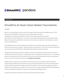 Siriusxm to Air Seven Classic Masters Tournaments