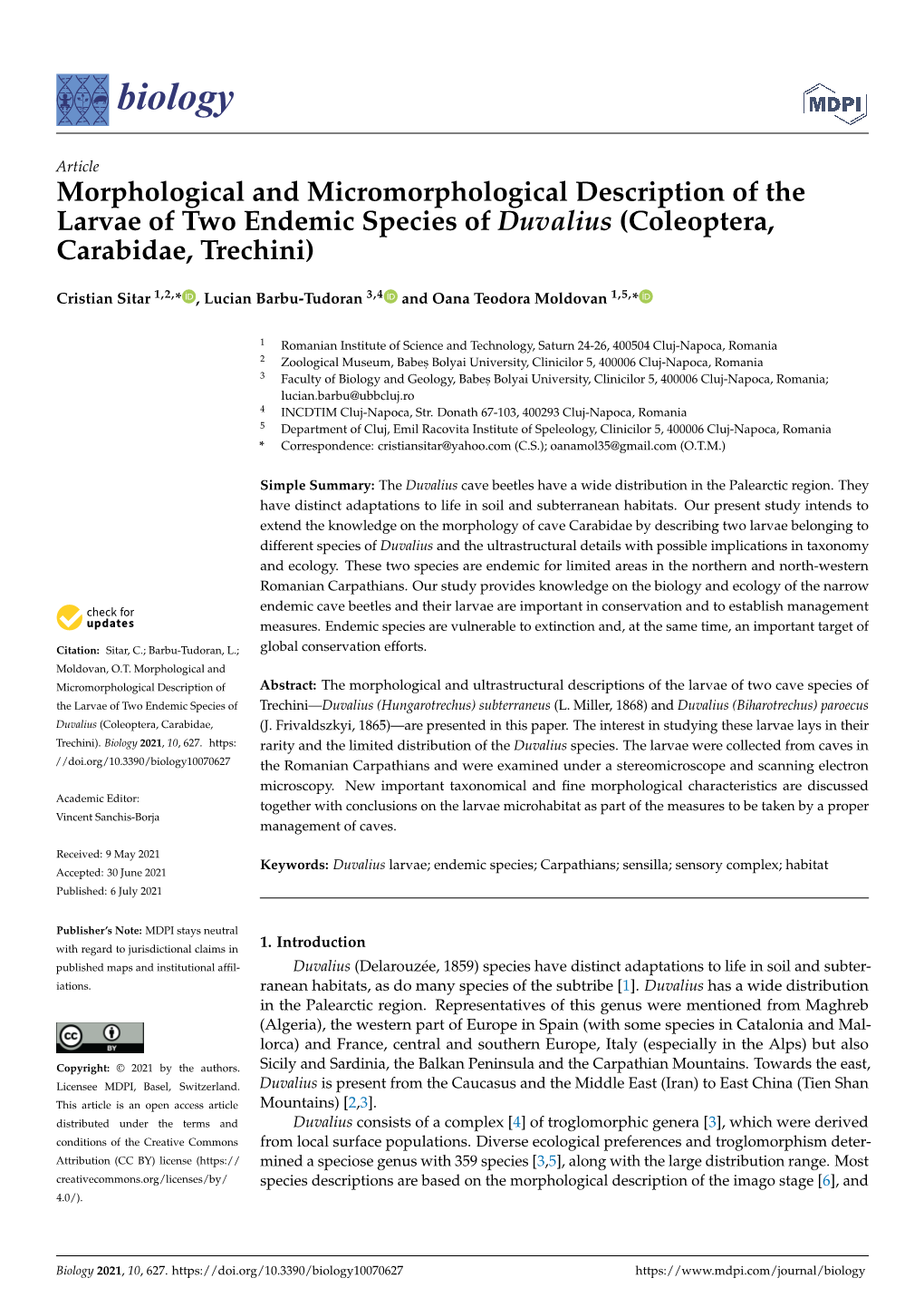 Morphological and Micromorphological Description of the Larvae of Two Endemic Species of Duvalius (Coleoptera, Carabidae, Trechini)