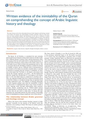 Written Evidence of the Inimitability of the Quran on Comprehending the Concept of Arabic Linguistic History and Theology