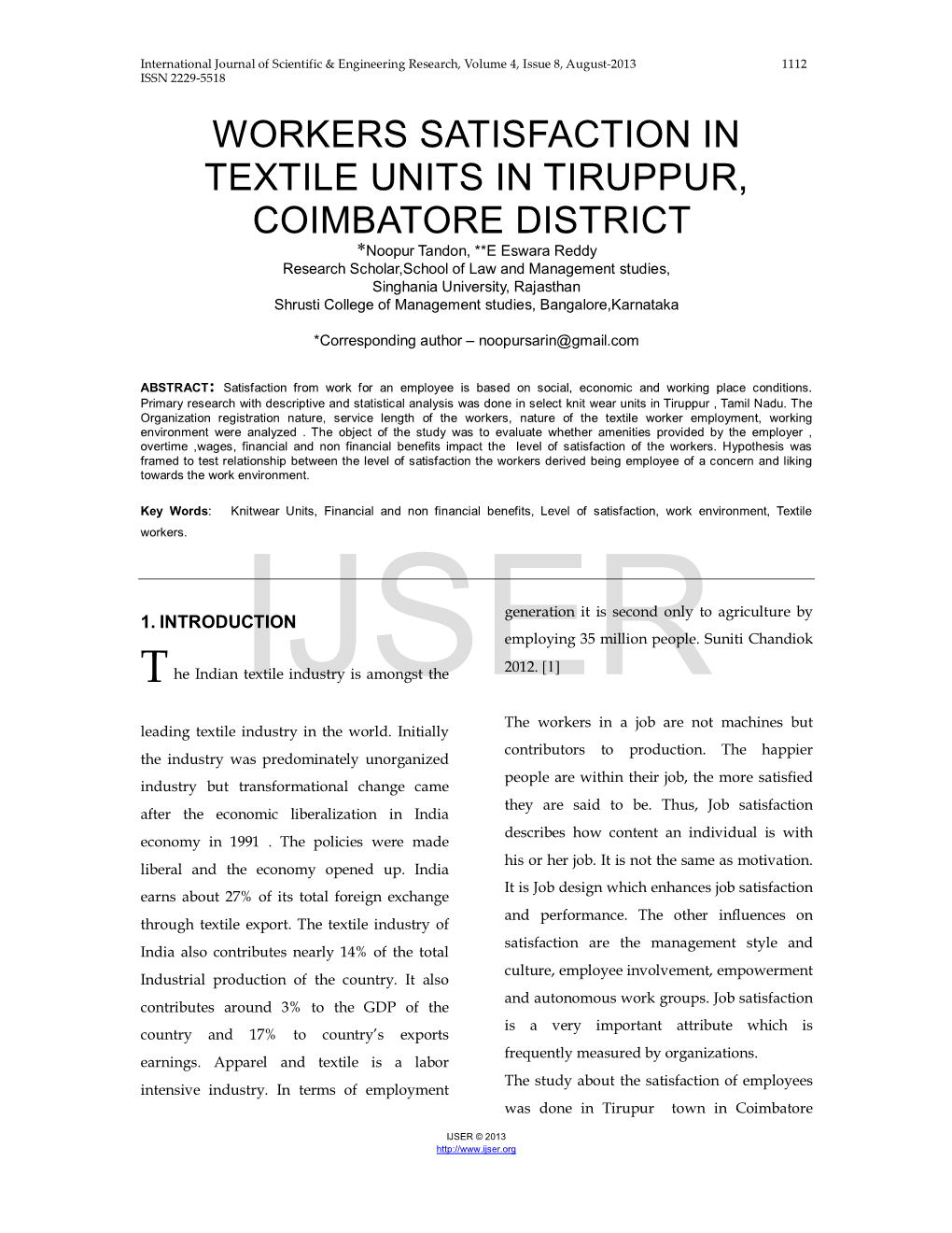 Workers Satisfaction in Textile Units in Tiruppur