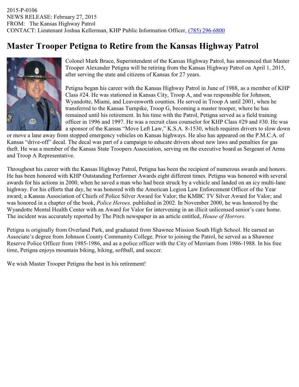 Master Trooper Petigna to Retire from the Kansas Highway Patrol