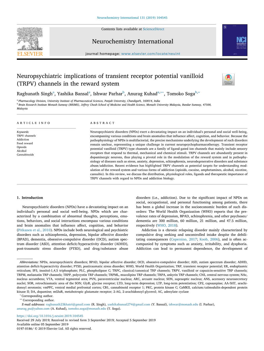 Neuropsychiatric Implications of Transient Receptor Potential Vanilloid (TRPV) Channels in the Reward System T