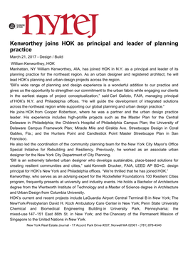 Kenworthey Joins HOK As Principal and Leader of Planning Practice