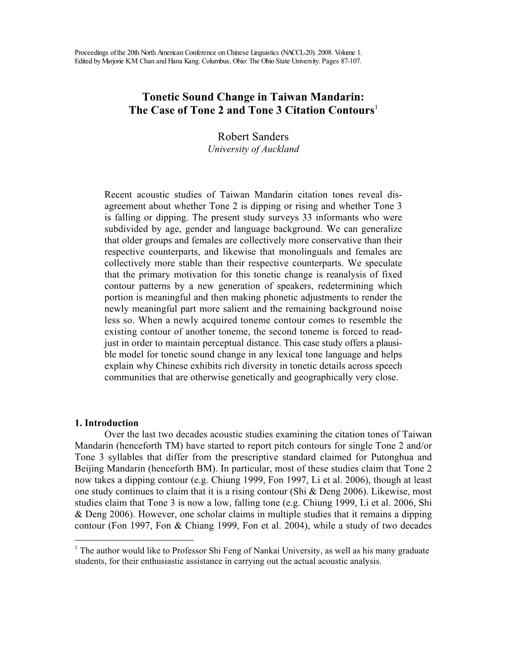 Tonetic Sound Change in Taiwan Mandarin: the Case of Tone 2 and Tone 3 Citation Contours1