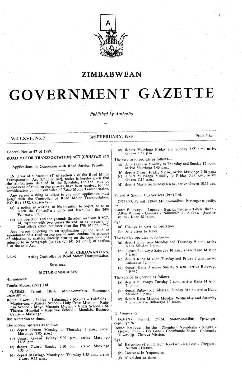 A ZIMBABWEAN = GOVERNMENT GAZETTE DocsLib