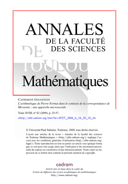 L'arithmétique De Pierre Fermat Dans Le Contexte De La Correspondance
