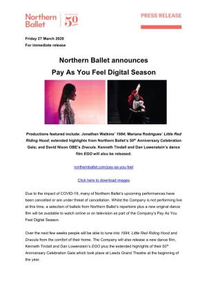 Northern Ballet Announces Pay As You Feel Digital Season