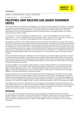 Philippines: Drop Malicious Case Against Government Critics