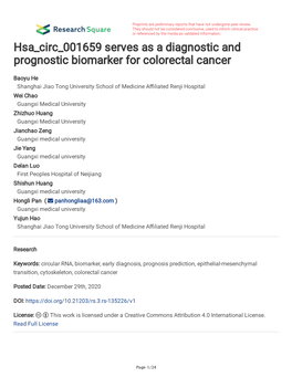 Hsa Circ 001659 Serves As a Diagnostic and Prognostic Biomarker for Colorectal Cancer