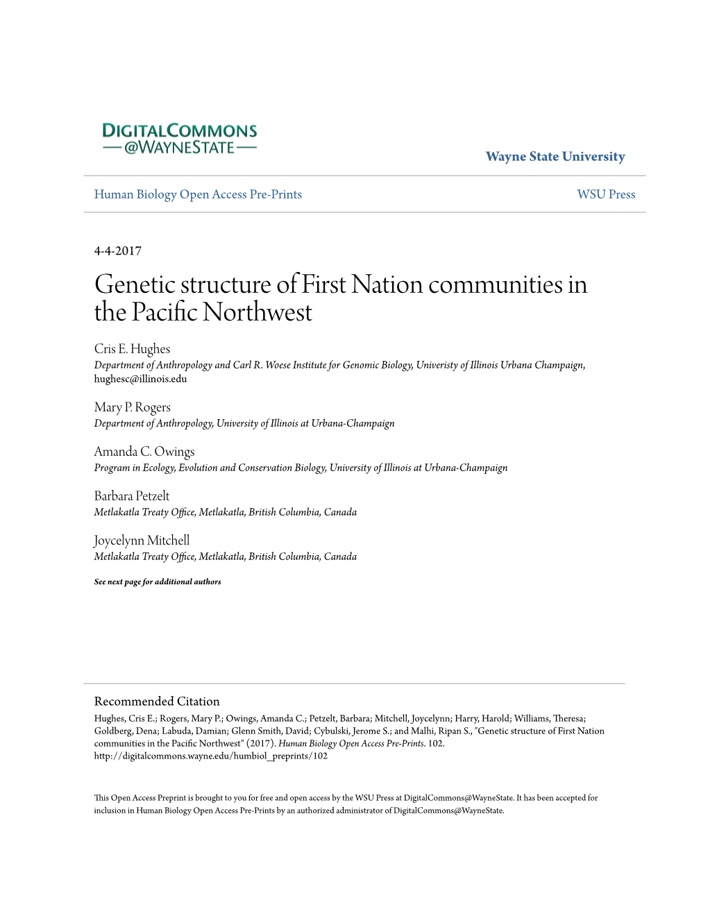 Genetic Structure of First Nation Communities in the Pacific Northwest